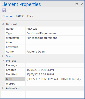 Showing the GUID of a Requirement element in the Element Properties window, in Sparx Systems Enterprise Architect.