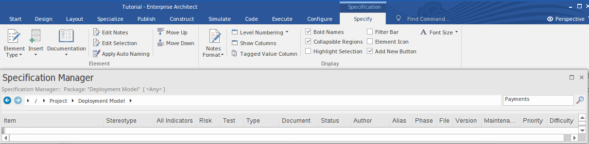 Showing the initial (empty) view of the Specification Manager in Sparx Systems Enterprise Architect.