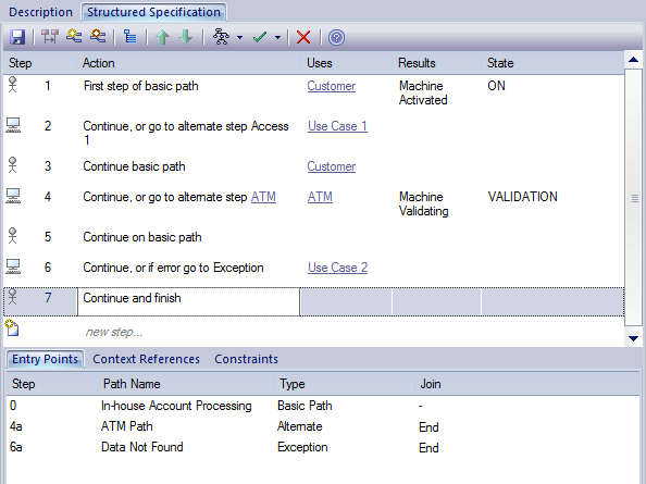 The Structured Specification dialog showing the internal steps of a UML Use Case element.