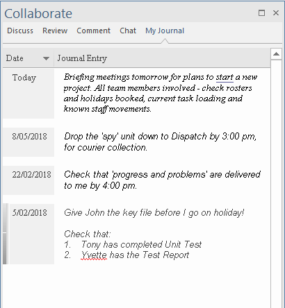 The Journal page of the Collaborate window in Sparx Systems Enterprise Architect. The Journal page of the Collaborate window in Sparx Systems Enterprise Architect.