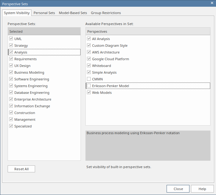 Showing how to exclude perspectives from a perspective set in Sparx Systems Enterprise Architect. Showing how to exclude perspectives from a perspective set in Sparx Systems Enterprise Architect.