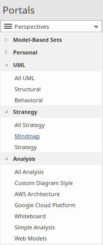 Showing the first three perspective sets in Sparx Systems Enterprise Architect. Showing the first three perspective sets in Sparx Systems Enterprise Architect.