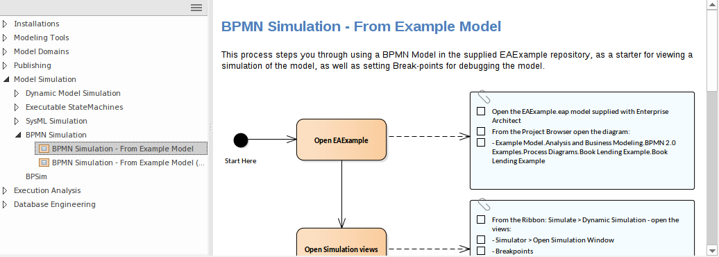 Showing a BPMN Simulation process guidance pattern in Sparx Systems Enterprise Architect. Showing a BPMN Simulation process guidance pattern in Sparx Systems Enterprise Architect.