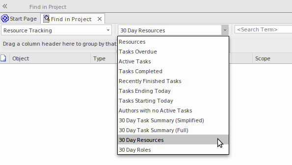 There are a number of built-in searches for tracking resources in Sparx Systems Enterprise Architect. There are a number of built-in searches for tracking resources in Sparx Systems Enterprise Architect.