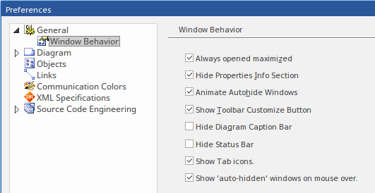 Windows Behavior page of the User Preferences dialog in Sparx Systems Enterprise Architect. Windows Behavior page of the User Preferences dialog in Sparx Systems Enterprise Architect.