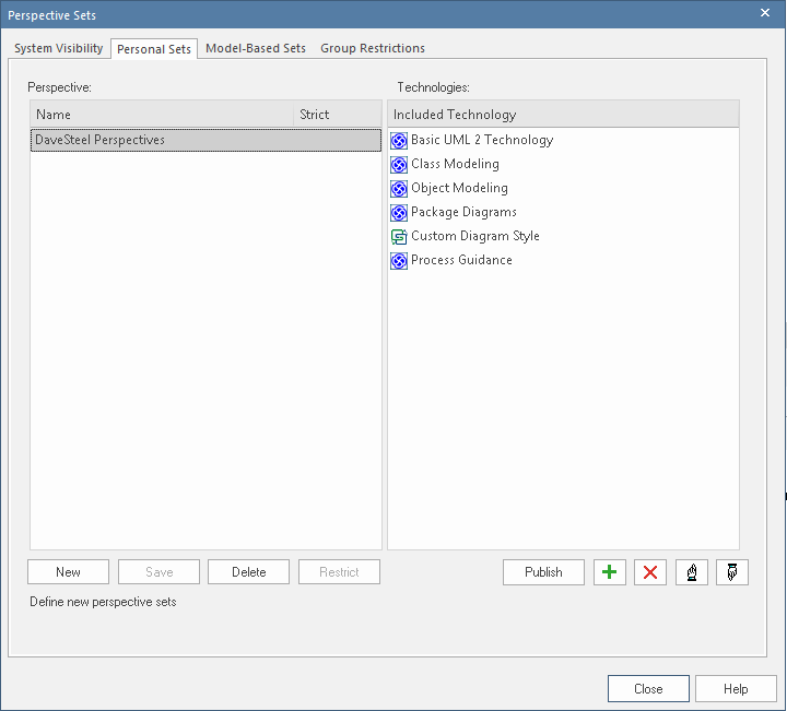 Showing the table in which personal custom perspectives are created in Sparx Systems Enterprise Architect. Showing the table in which personal custom perspectives are created in Sparx Systems Enterprise Architect.