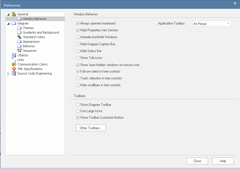 Windows Behavior page of the User Preferences dialog in Sparx Systems Enterprise Architect. Windows Behavior page of the User Preferences dialog in Sparx Systems Enterprise Architect.