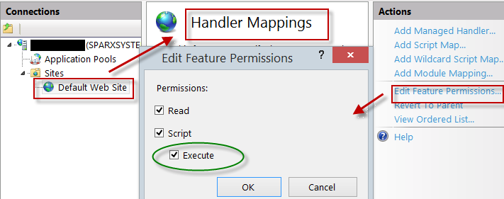 This illustration shows the access path and the 'Default Web Site | Handler' mappings to permit Script Execution. This illustration shows the access path and the 'Default Web Site | Handler' mappings to permit Script Execution.