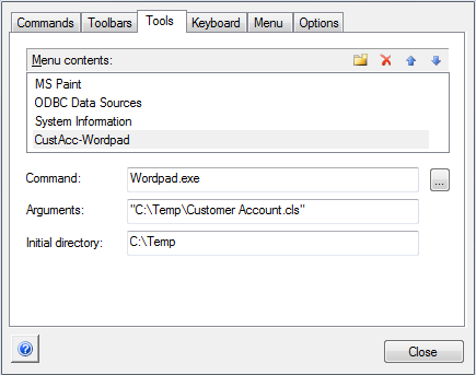 Adding Wordpad to the Commands menu. Adding Wordpad to the Commands menu.
