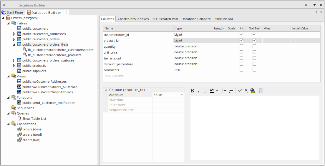 Showing the Columns tab of the Database Builder, in Sparx Systems Enterprise Architect. Showing the Columns tab of the Database Builder, in Sparx Systems Enterprise Architect.