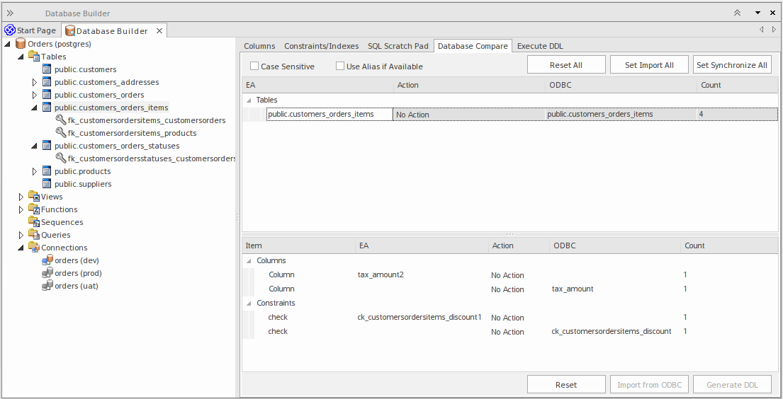 Showing the Database Compare tab of the Database Builder, in Sparx Systems Enterprise Architect. Showing the Database Compare tab of the Database Builder, in Sparx Systems Enterprise Architect.