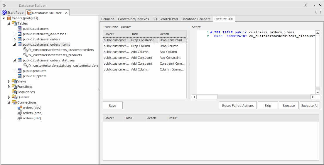 Showing the Execute DDL tab of the Database Builder, in Sparx Systems Enterprise Architect. Showing the Execute DDL tab of the Database Builder, in Sparx Systems Enterprise Architect.