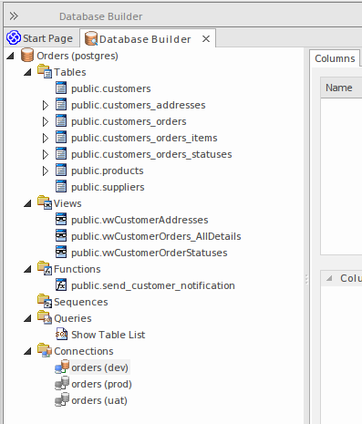 Showing the Database Builder tree with a data model loaded in Sparx Systems Enterprise Architect. Showing the Database Builder tree with a data model loaded in Sparx Systems Enterprise Architect.