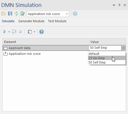 An example of choosing a Dataset for a DMN simulation using Enterprise Architect. An example of choosing a Dataset for a DMN simulation using Enterprise Architect.