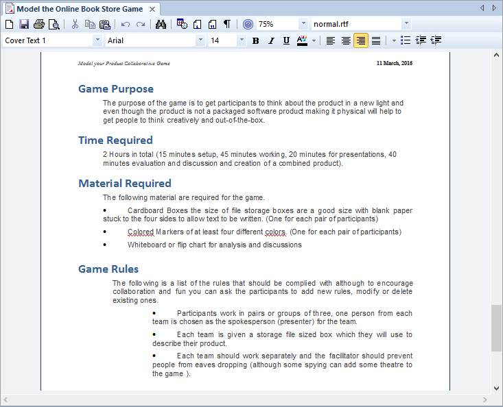 Using an artifact element to document a collaborative game in Sparx Systems Enterprise Architect. Using an artifact element to document a collaborative game in Sparx Systems Enterprise Architect.