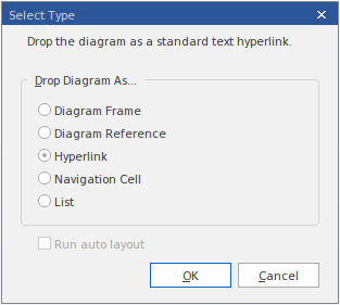The Drop Diagram As dialog allows a user to select from the different diagram hyperlink styles. The Drop Diagram As dialog allows a user to select from the different diagram hyperlink styles.