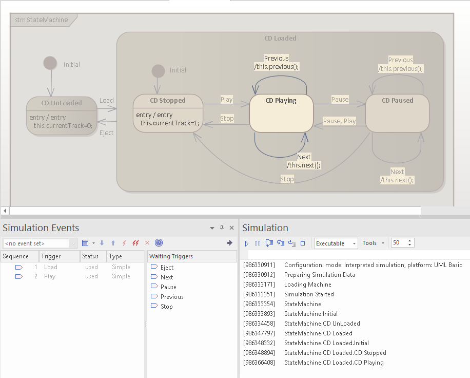 Visualization of a running executable statemachine in Enterprise Architect's simulation tool Visualization of a running executable statemachine in Enterprise Architect's simulation tool