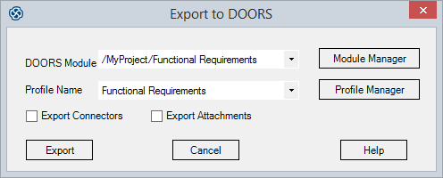 Export to DOORS dialog in Sparx Systems Enterprise Architect. Export to DOORS dialog in Sparx Systems Enterprise Architect.