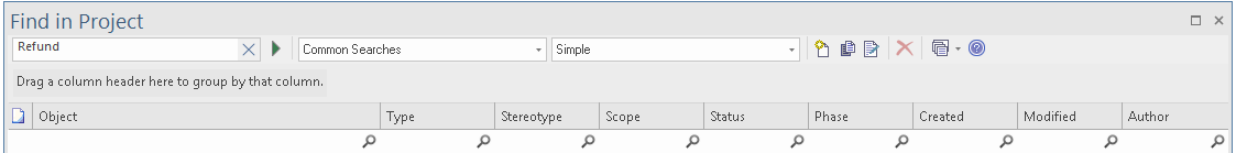 Model search window showing a search for the word 'Refund'. Model search window showing a search for the word 'Refund'.