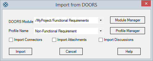 DOORS import dialog in Sparx Systems Enterprise Architect. DOORS import dialog in Sparx Systems Enterprise Architect.