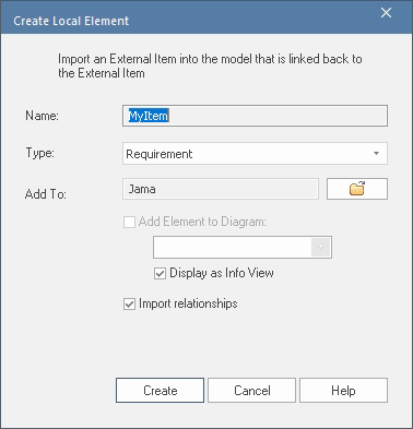 Create Local Element dialog