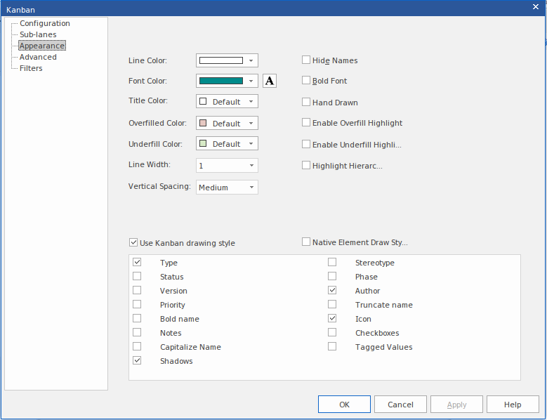 Setting appearance options for lanes on a Kanban Diagram in Sparx Systems Enterprise Architect. Setting appearance options for lanes on a Kanban Diagram in Sparx Systems Enterprise Architect.