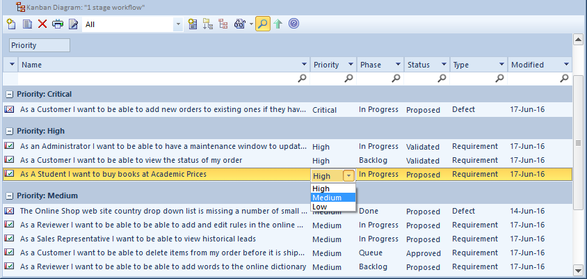 Showing a one-stage workflow Kanban Diagram as a List View in Sparx Systems Enterprise Architect. Showing a one-stage workflow Kanban Diagram as a List View in Sparx Systems Enterprise Architect.