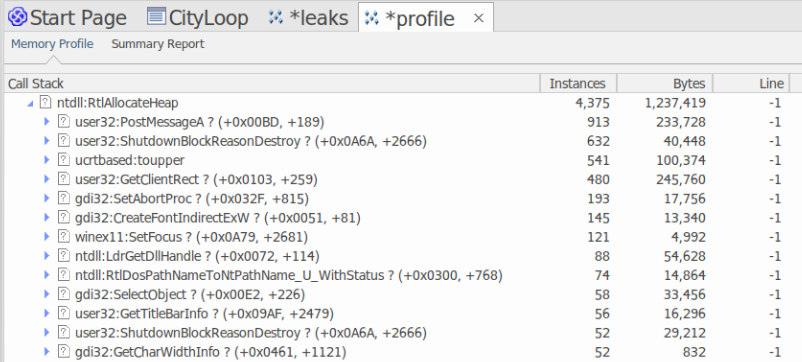 Example profile showing program areas where memory allocations are most frequent Example profile showing program areas where memory allocations are most frequent