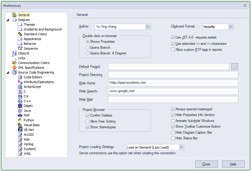 General preferences dialog in Sparx Systems Enterprise Architect. General preferences dialog in Sparx Systems Enterprise Architect.