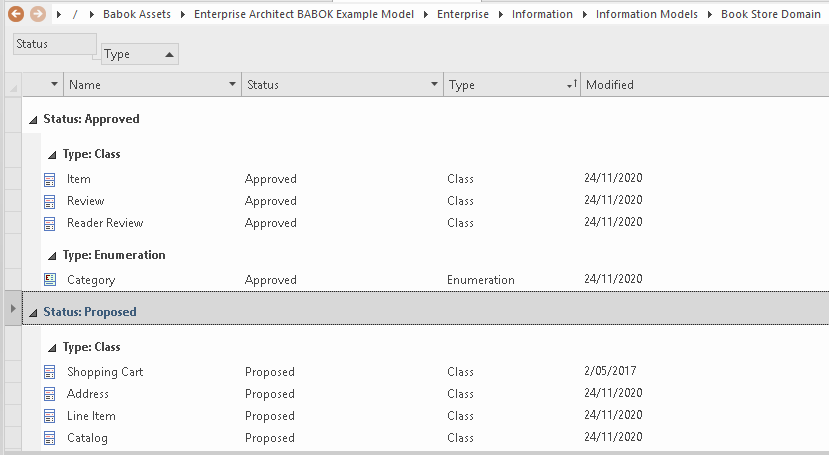 Viewing classes in the Package Browser list view in Sparx Systems Enterprise Architect. Viewing classes in the Package Browser list view in Sparx Systems Enterprise Architect.