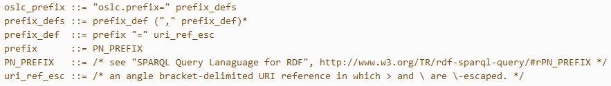 The syntax for the oslc.prefix parameter The syntax for the oslc.prefix parameter