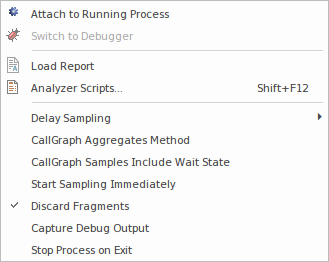 Setting options using the Profiler's toolbar menu Setting options using the Profiler's toolbar menu
