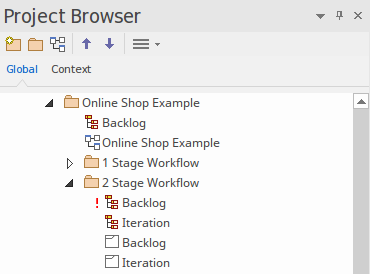 The Project Browser showing the backlog diagram locked in a Kanban two-stage workflow in Sparx Systems Enterprise Architect. The Project Browser showing the backlog diagram locked in a Kanban two-stage workflow in Sparx Systems Enterprise Architect.