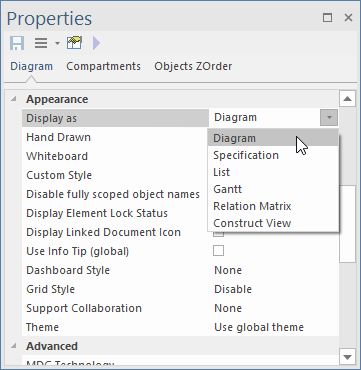 List of alternative views available from the diagram properties window List of alternative views available from the diagram properties window