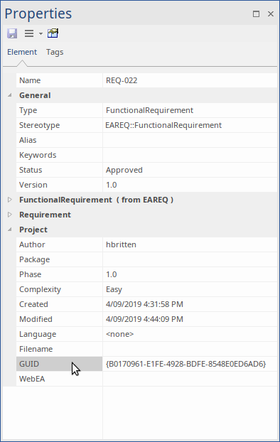 Showing the GUID of a Requirement element in the Element Properties window, in Sparx Systems Enterprise Architect. Showing the GUID of a Requirement element in the Element Properties window, in Sparx Systems Enterprise Architect.
