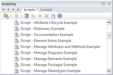 Showing JScript scripts in the Scripting window in Sparx Systems Enterprise Architect. Showing JScript scripts in the Scripting window in Sparx Systems Enterprise Architect.