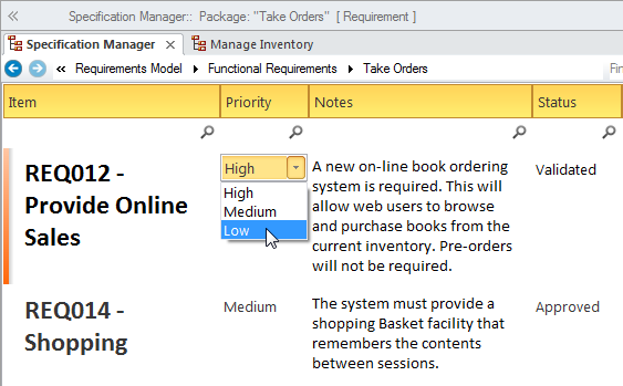 Changing the priority of a requirement element in the Specification Manager. Changing the priority of a requirement element in the Specification Manager.