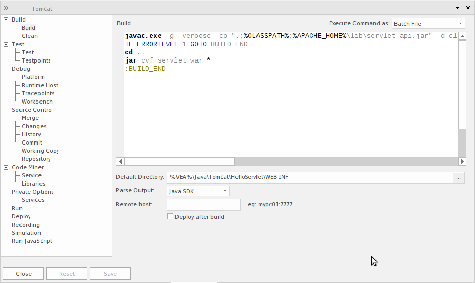 The image shows an Analyzer Script in Enterprise Architect that builds and deploys a servlet on an Apache Tomcat service The image shows an Analyzer Script in Enterprise Architect that builds and deploys a servlet on an Apache Tomcat service